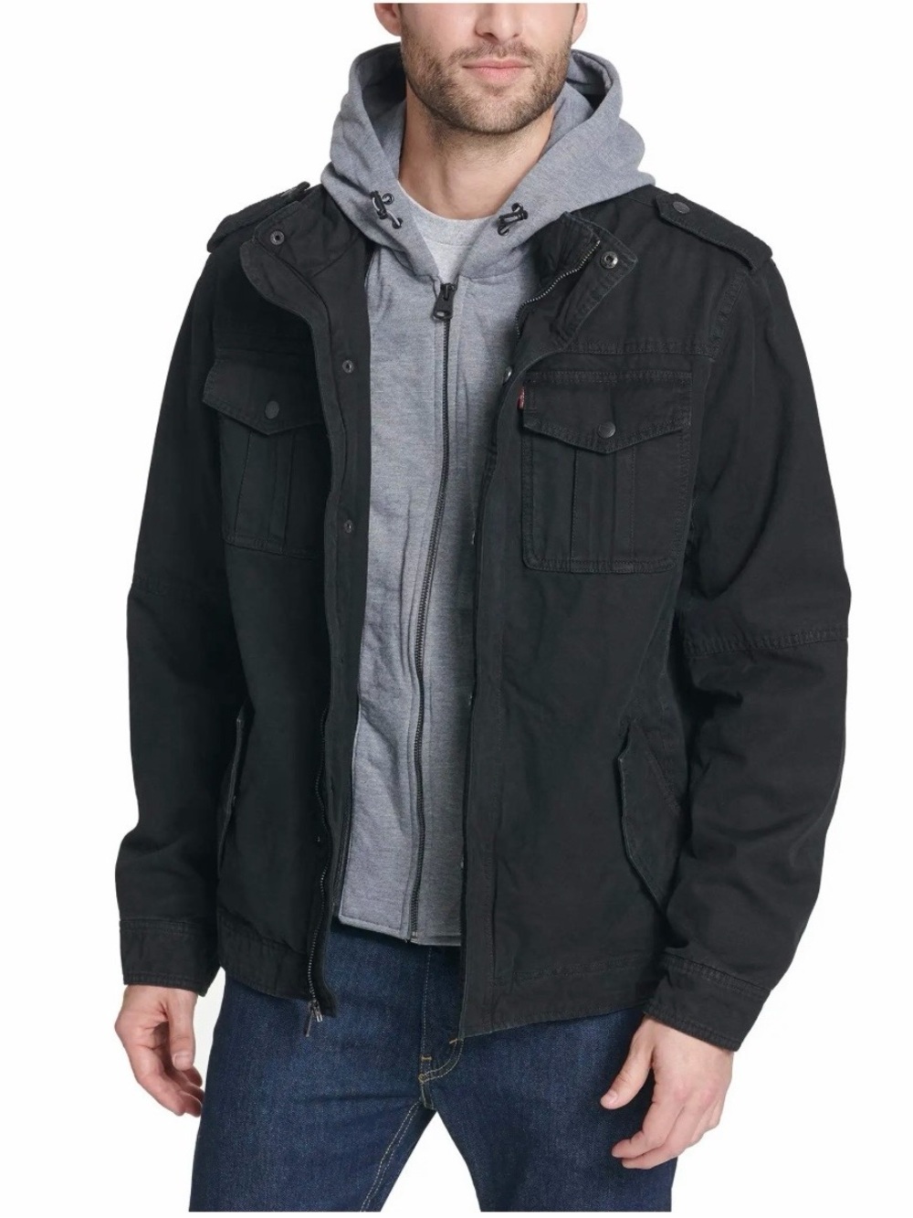 Levi’s Men’s Washed Cotton Hooded Military Field Jacket Sherpa Lined Gray S